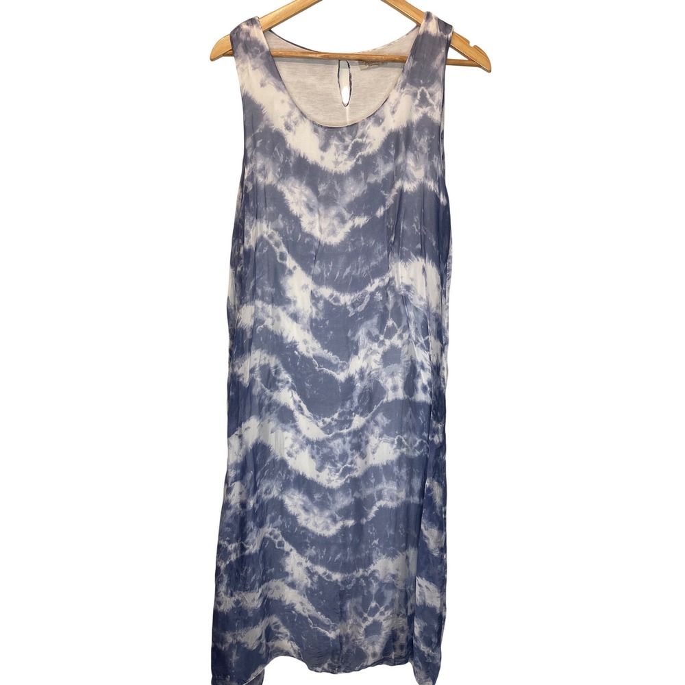 Bellambra Italy Silk Viscose Tie Dye Blue White Boho Sleeveless Midi Dress Small